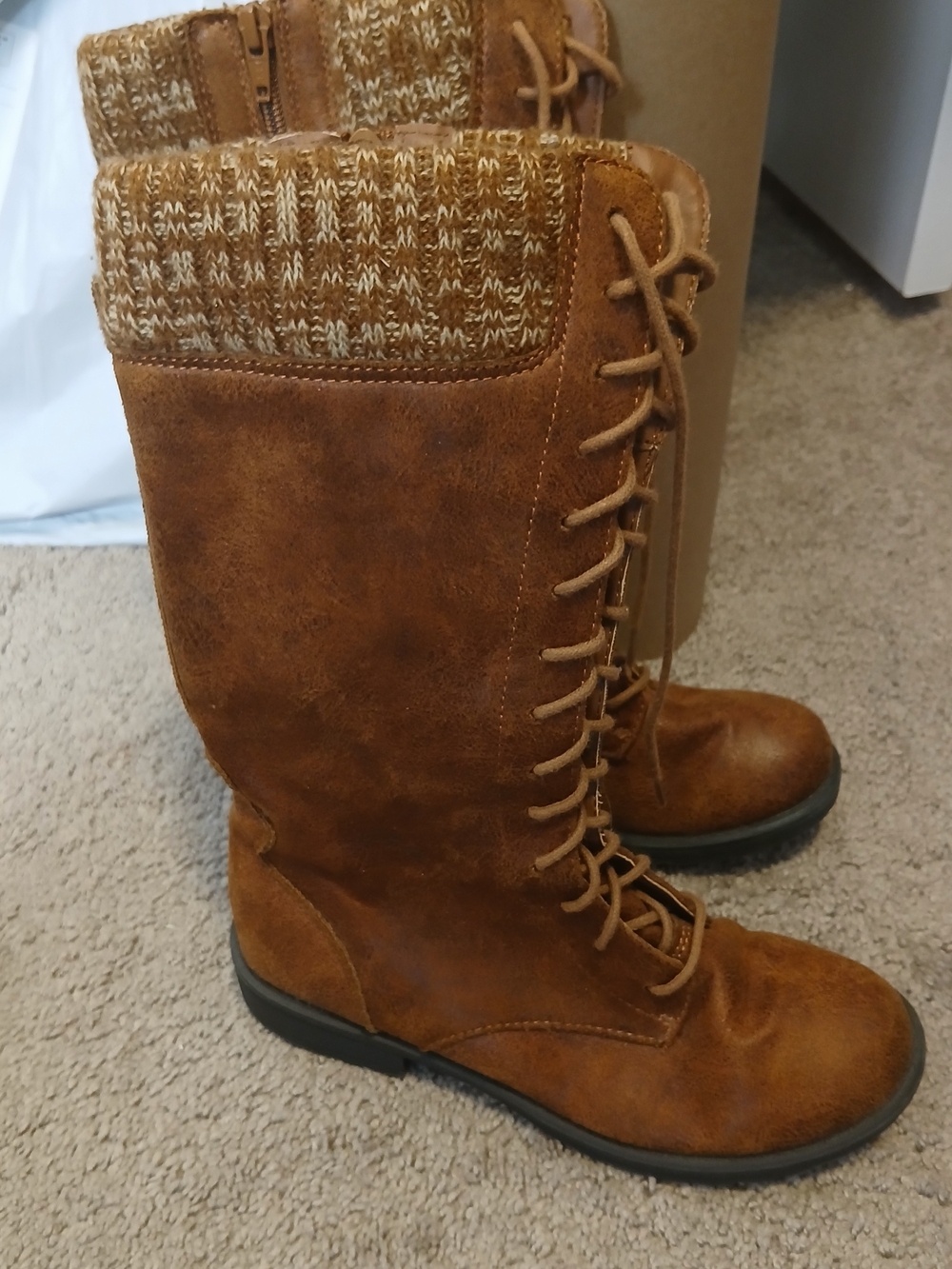 American Eagle Outfitters Cognac Lace-Up Zip Side Knit-Top Tall Boots
